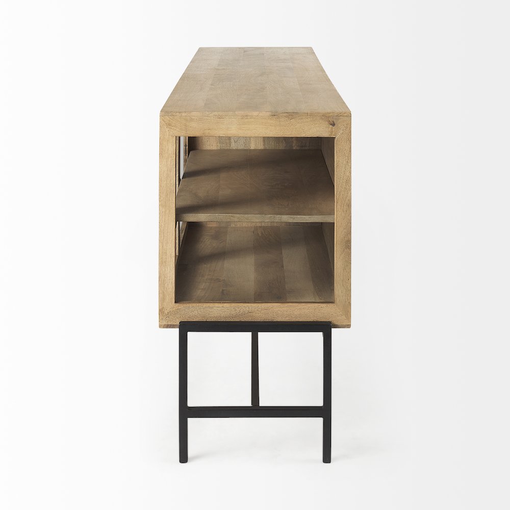 Light Brown Wood, Black Metal Base 4 Glass Cabinet Doors Sideboard. Picture 9