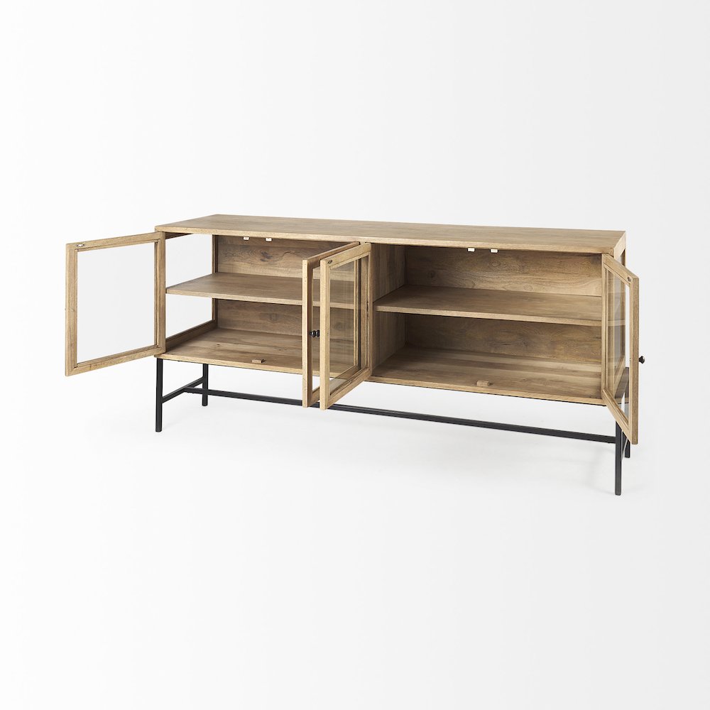 Light Brown Wood, Black Metal Base 4 Glass Cabinet Doors Sideboard. Picture 10