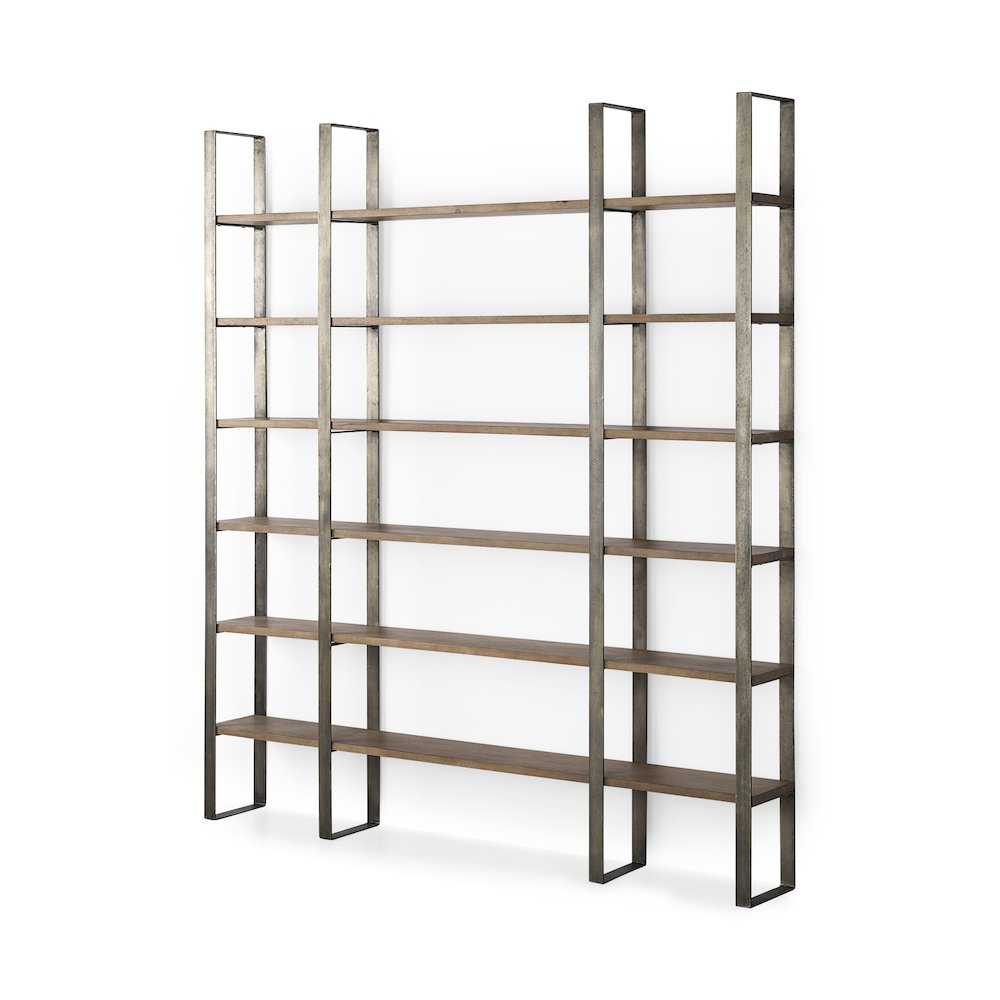 Medium Brown Wood Antique Nickel Metal Frame 6 Tier Shelving Unit. Picture 1