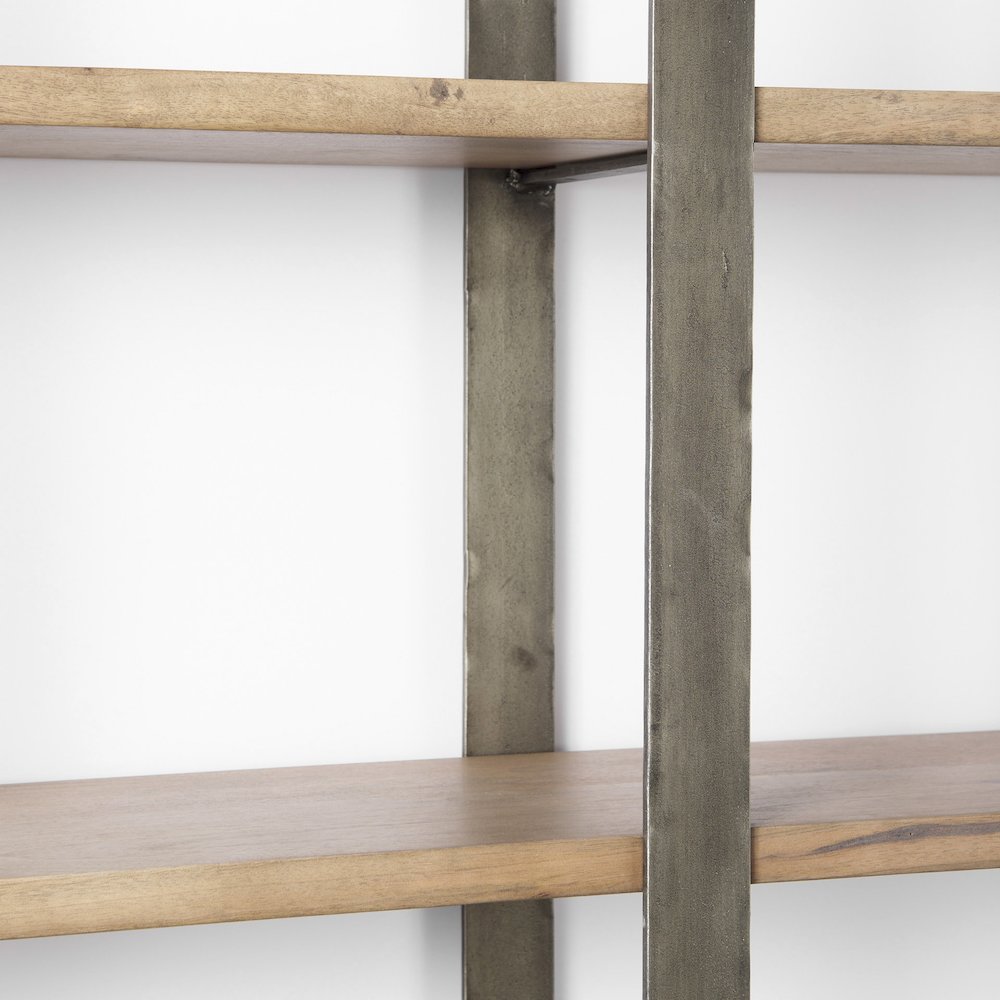 Medium Brown Wood Antique Nickel Metal Frame 6 Tier Shelving Unit. Picture 4