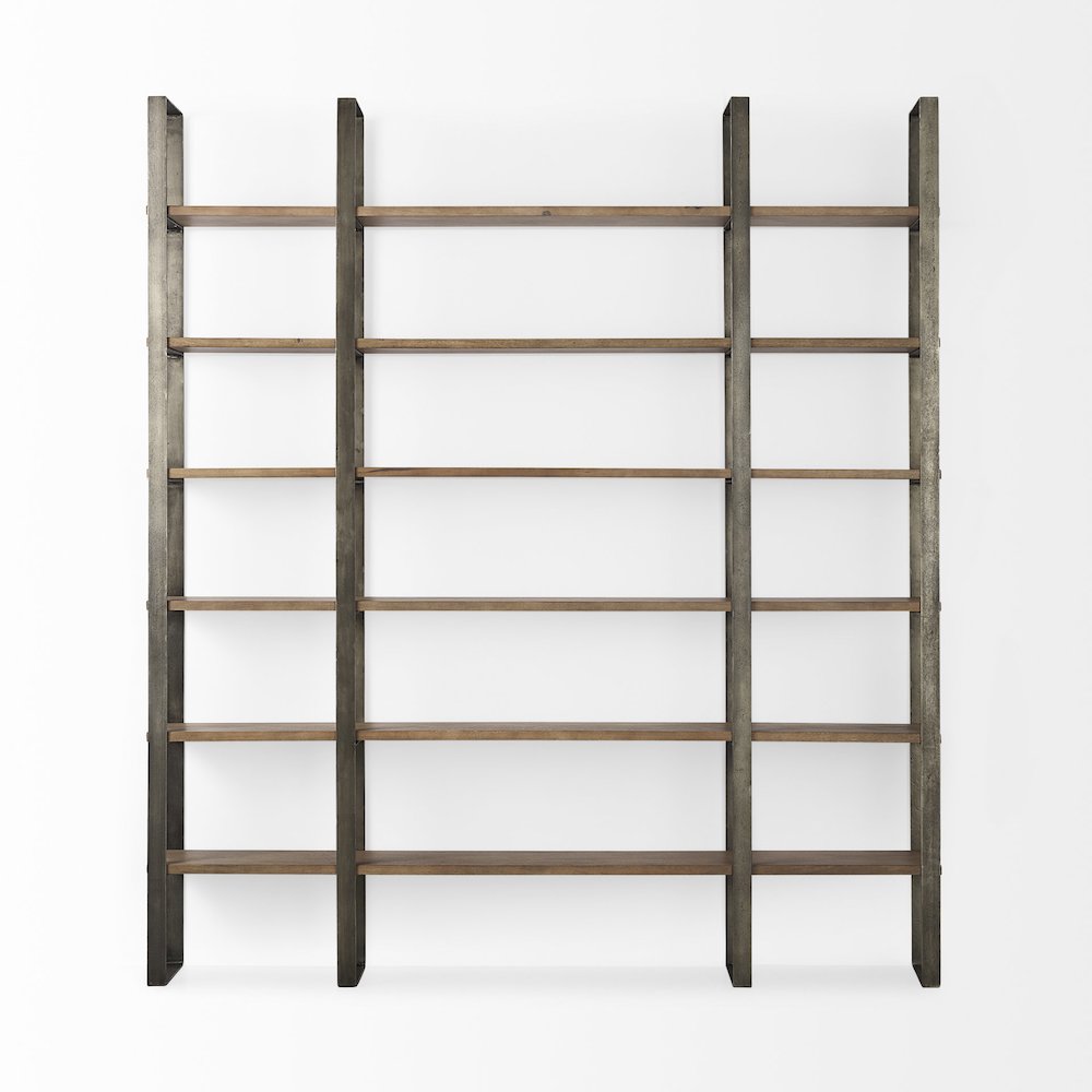 Medium Brown Wood Antique Nickel Metal Frame 6 Tier Shelving Unit. Picture 9