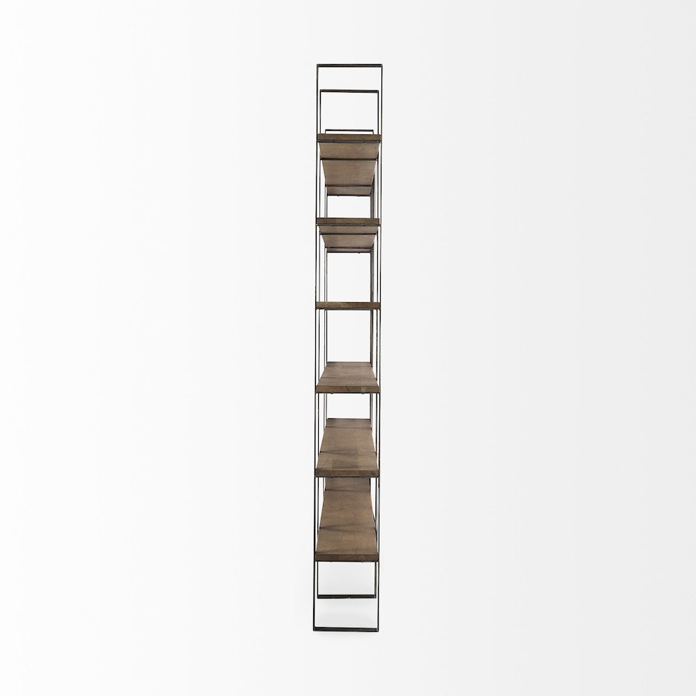 Medium Brown Wood Antique Nickel Metal Frame 6 Tier Shelving Unit. Picture 10