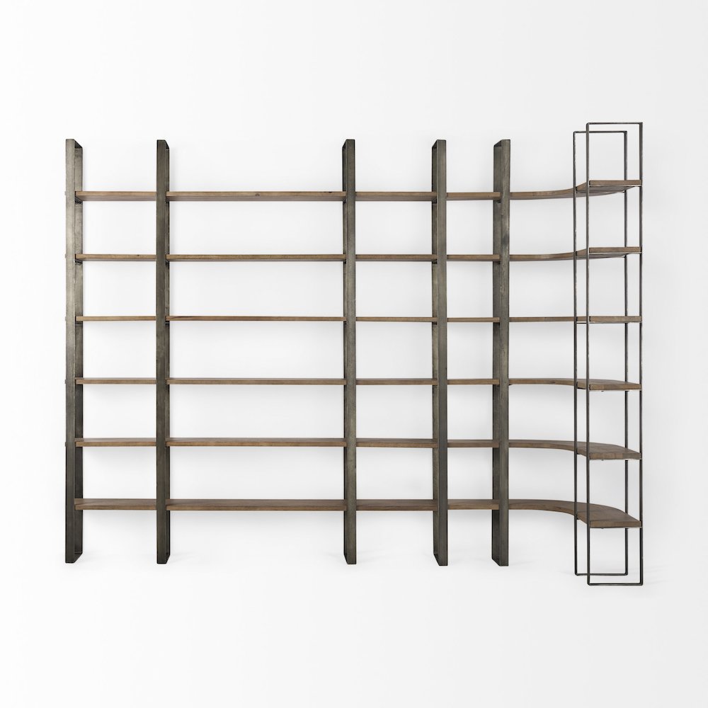 Medium Brown Wood Antique Nickel Metal Frame 6 Tier Shelving Unit. Picture 11