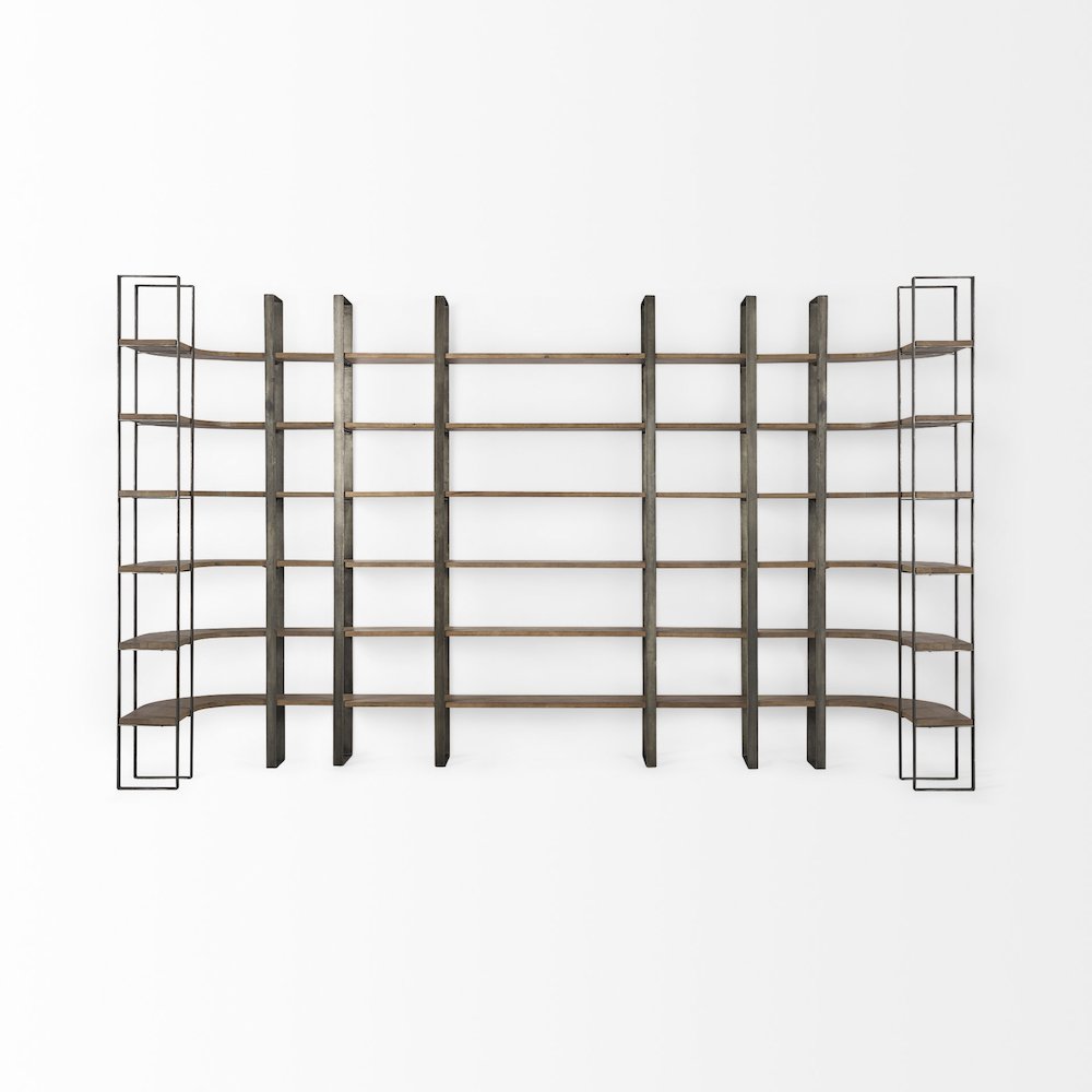 Medium Brown Wood Antique Nickel Metal Frame 6 Tier Shelving Unit. Picture 12