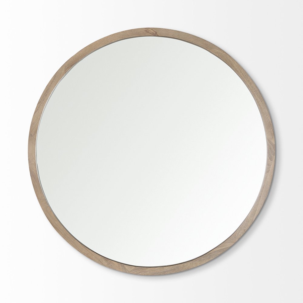 Gambit 46" Round Light Brown Wood Frame Wall Mirror. Picture 2