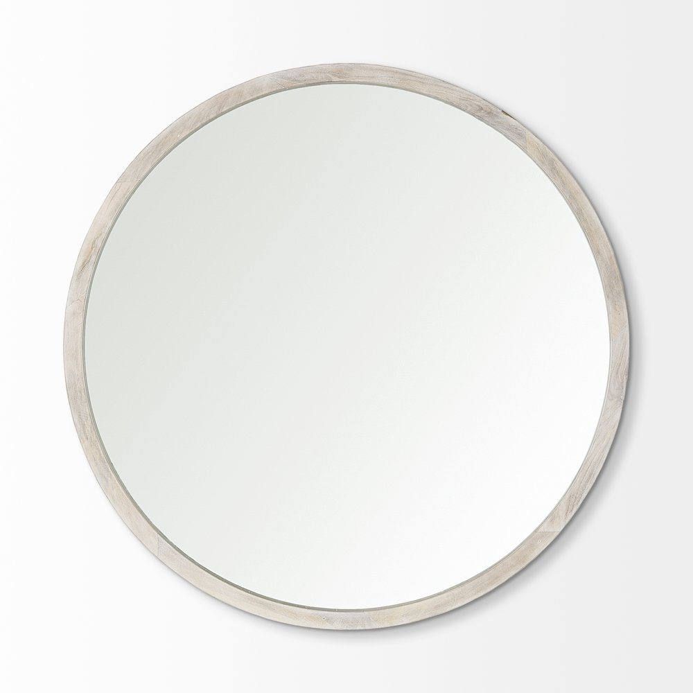 Gambit 46" Round White Wash Wood Frame Wall Mirror. Picture 4