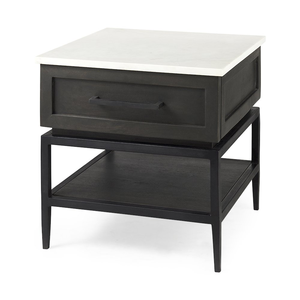 Black-Brown Wood White Marble Top And Black Metal Base 1 Drawer Side Table. Picture 1