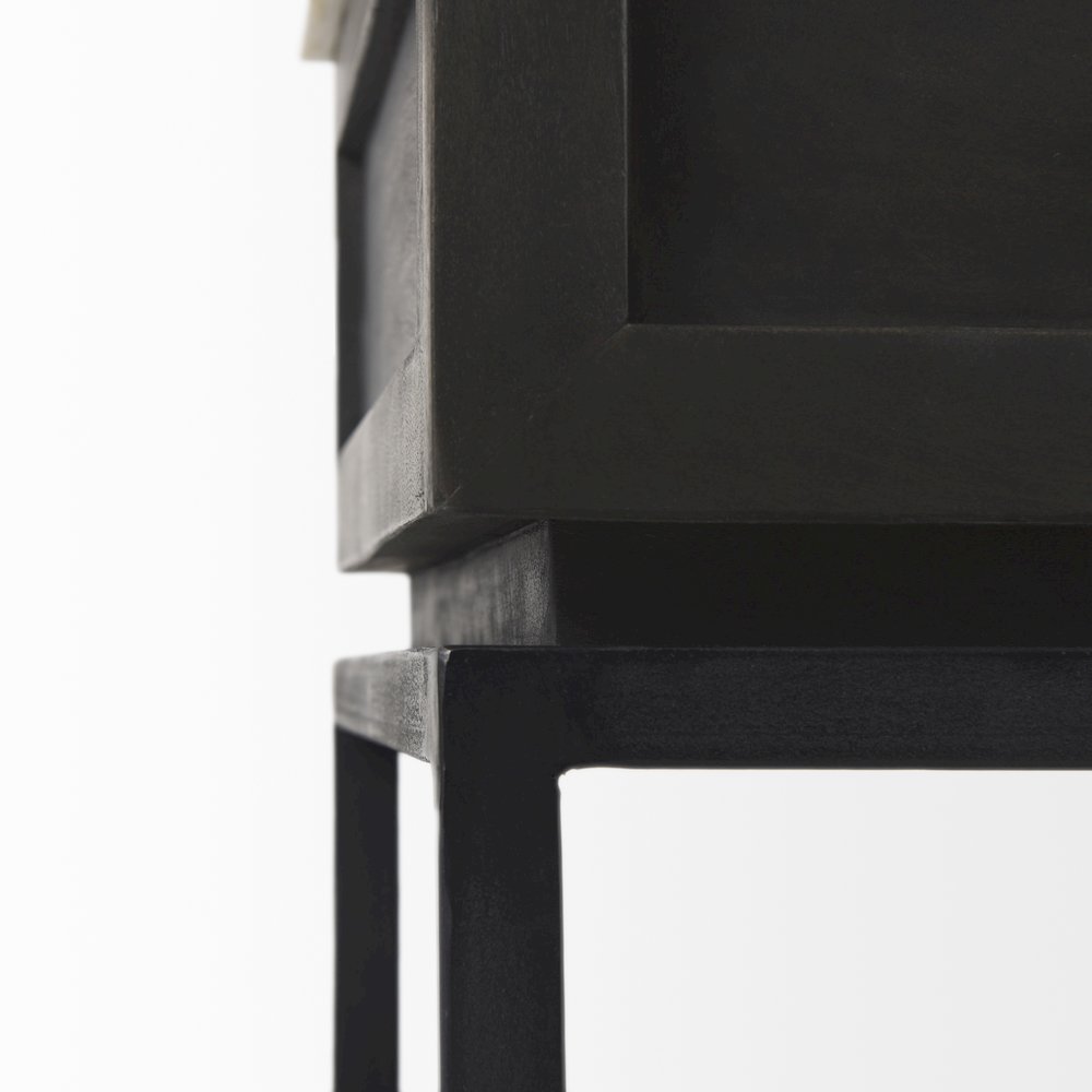 Black-Brown Wood White Marble Top And Black Metal Base 1 Drawer Side Table. Picture 5