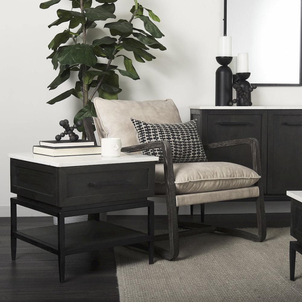 Black-Brown Wood White Marble Top And Black Metal Base 1 Drawer Side Table. Picture 8