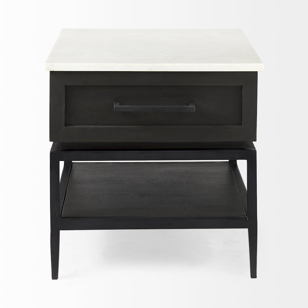 Black-Brown Wood White Marble Top And Black Metal Base 1 Drawer Side Table. Picture 9