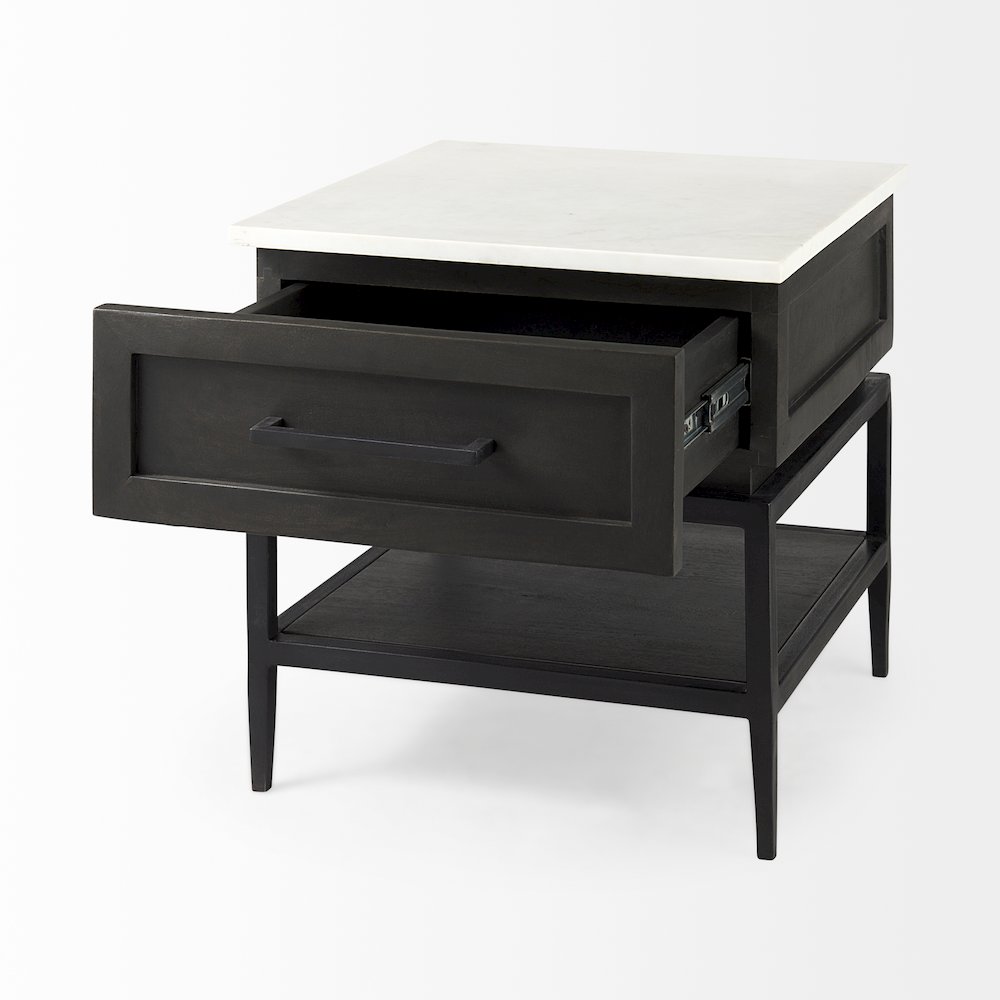 Black-Brown Wood White Marble Top And Black Metal Base 1 Drawer Side Table. Picture 12