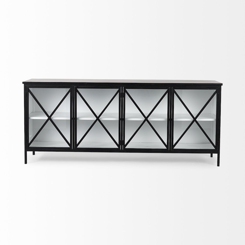 Aurelia 79.0L x 16.0W x 33.0H Black and White Metal Four Door Glass Cabinet. Picture 7