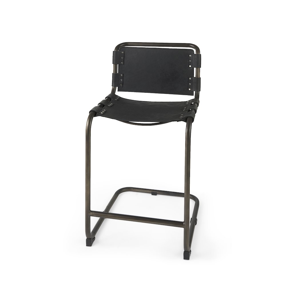 21L X 25W X 38H Black Leather Iron Frame Counter Stool. Picture 1