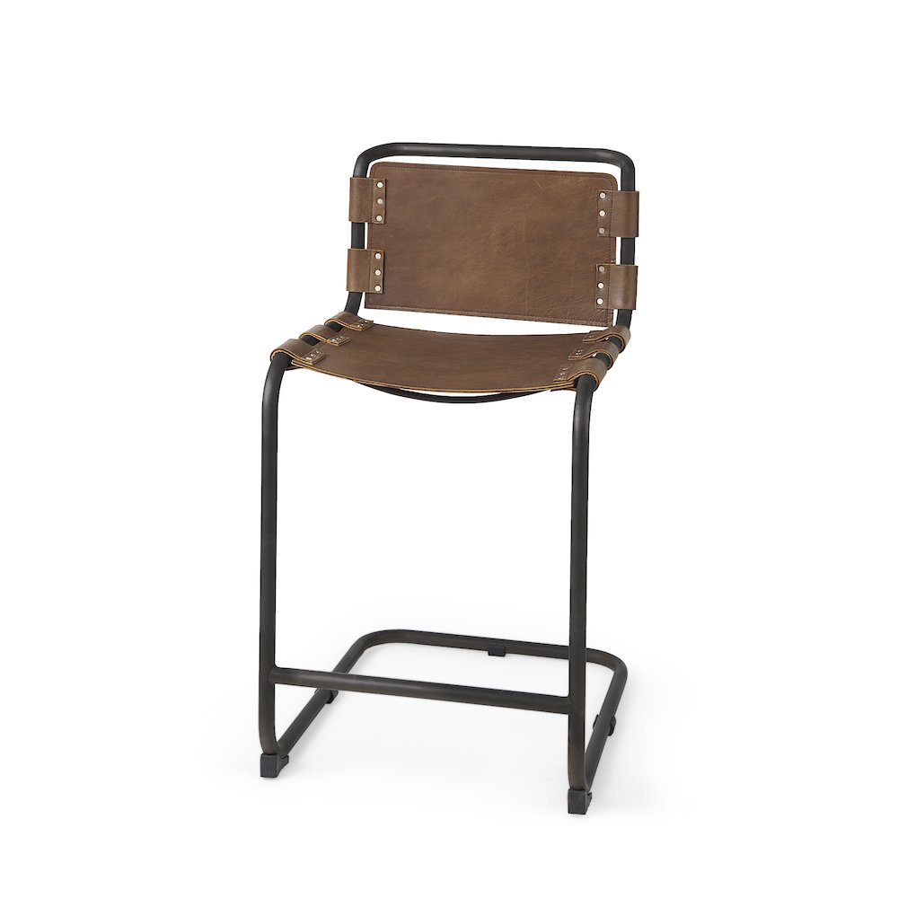 20.5 X 24.75 X 39 Medium Brown Leather Iron Frame Counter Stool. Picture 1