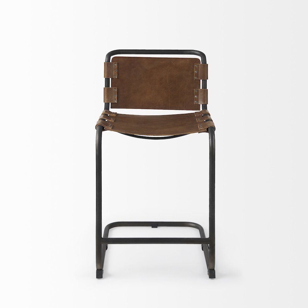 20.5 X 24.75 X 39 Medium Brown Leather Iron Frame Counter Stool. Picture 5