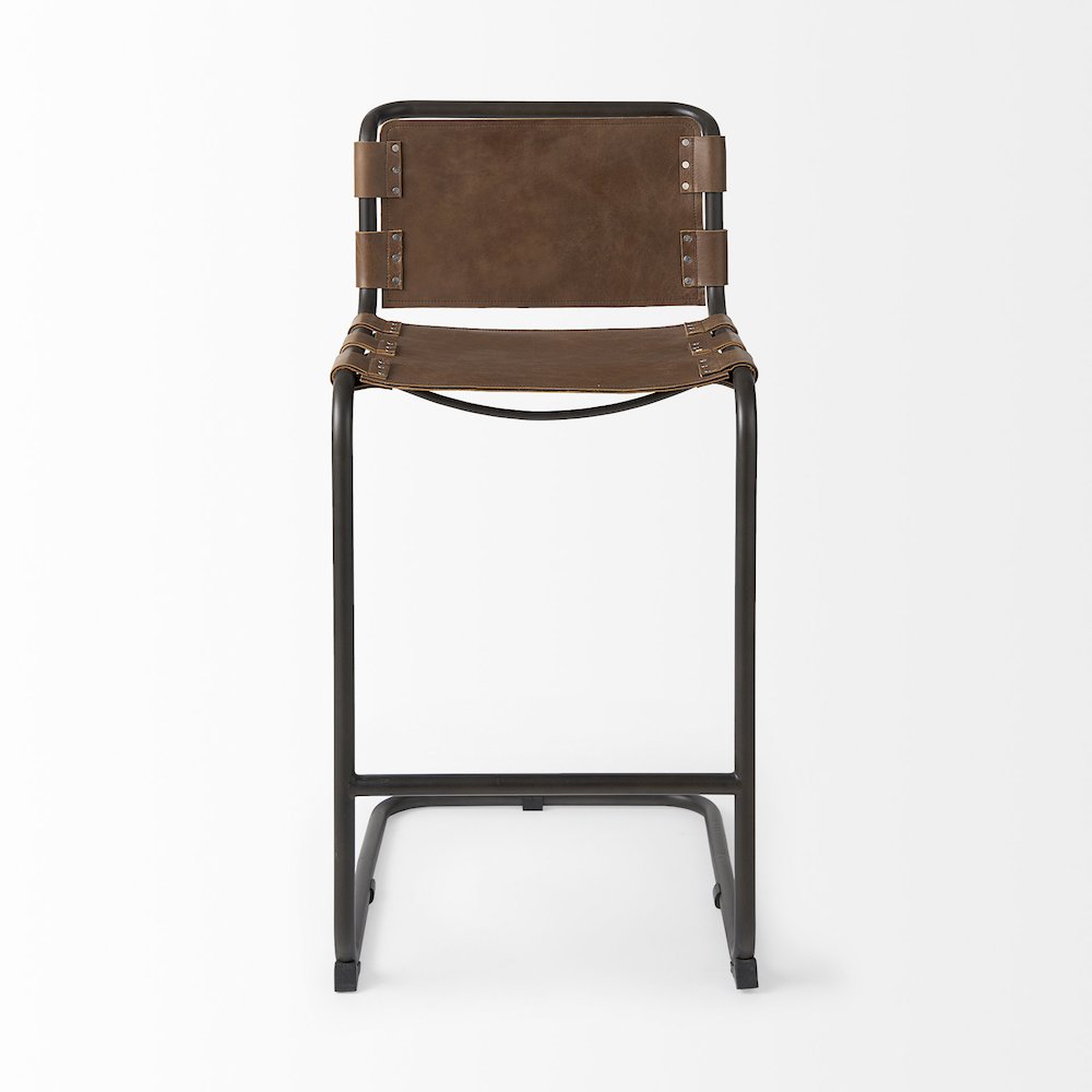43" Total Height Medium Brown Leather Iron Frame Bar Stool. Picture 5