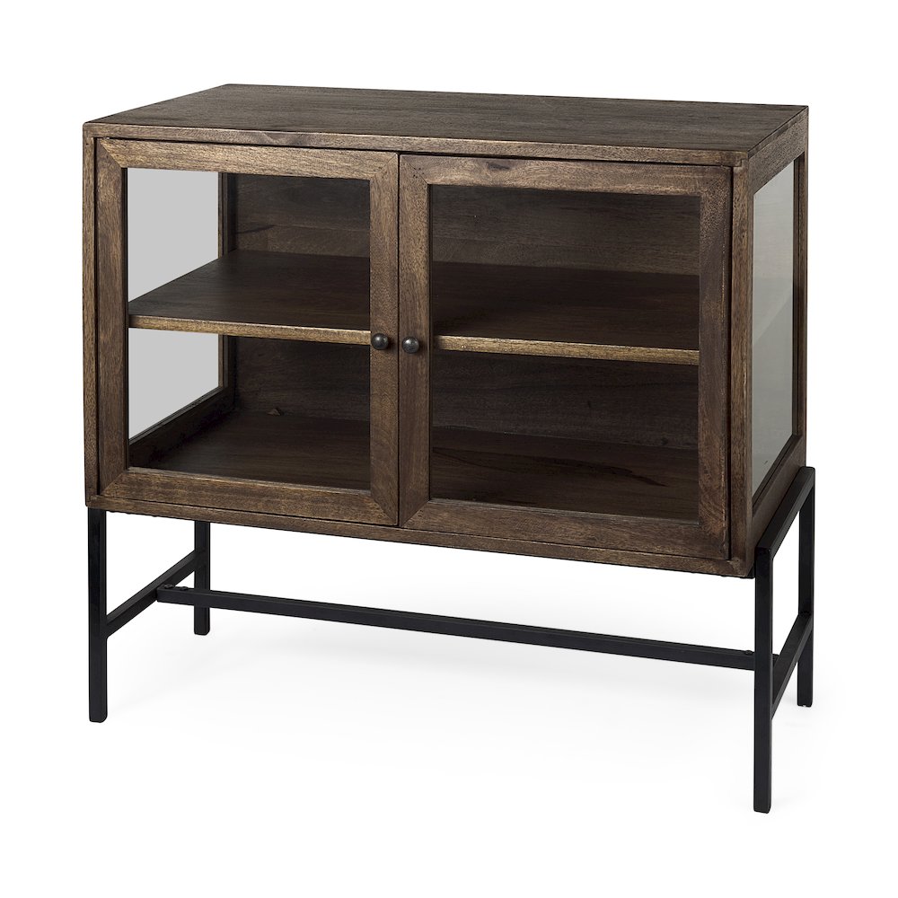 36L X 18W X 32H Medium Brown Wood, Black Metal Base 2 Glass Doors Accent Cabinet. Picture 1