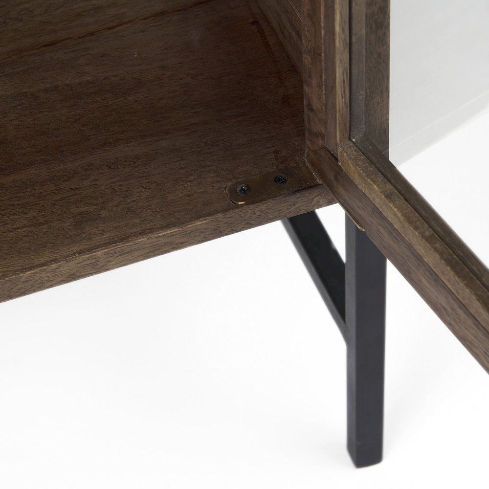 36L X 18W X 32H Medium Brown Wood, Black Metal Base 2 Glass Doors Accent Cabinet. Picture 4