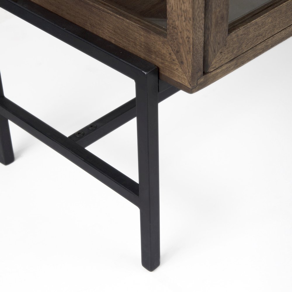 36L X 18W X 32H Medium Brown Wood, Black Metal Base 2 Glass Doors Accent Cabinet. Picture 5
