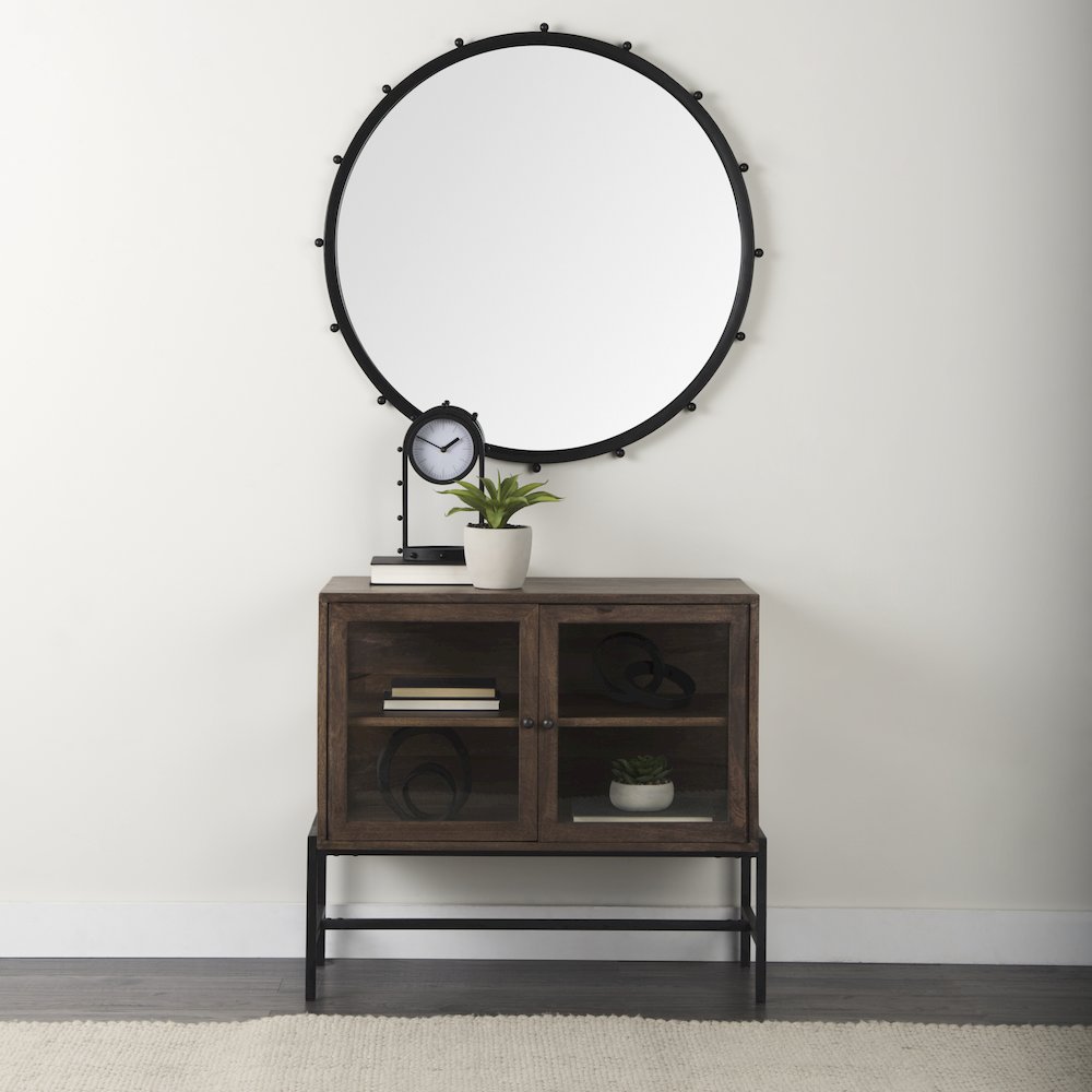 36L X 18W X 32H Medium Brown Wood, Black Metal Base 2 Glass Doors Accent Cabinet. Picture 6