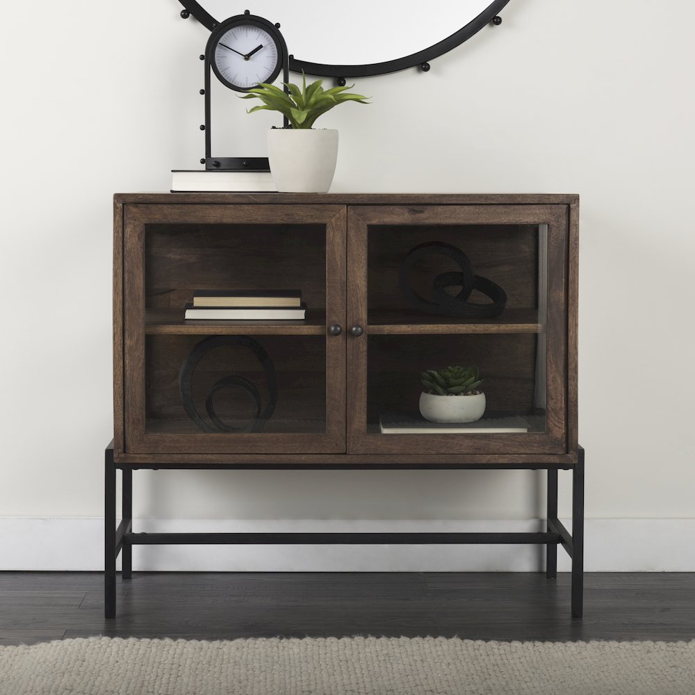 36L X 18W X 32H Medium Brown Wood, Black Metal Base 2 Glass Doors Accent Cabinet. Picture 7