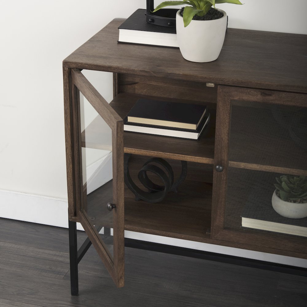 36L X 18W X 32H Medium Brown Wood, Black Metal Base 2 Glass Doors Accent Cabinet. Picture 8