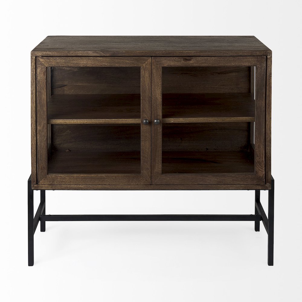 36L X 18W X 32H Medium Brown Wood, Black Metal Base 2 Glass Doors Accent Cabinet. Picture 10