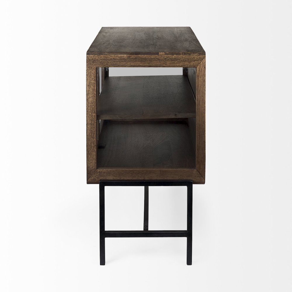 36L X 18W X 32H Medium Brown Wood, Black Metal Base 2 Glass Doors Accent Cabinet. Picture 11