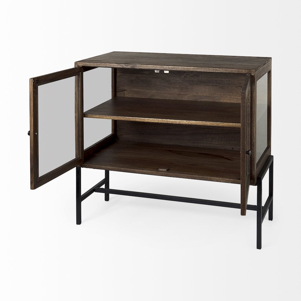 36L X 18W X 32H Medium Brown Wood, Black Metal Base 2 Glass Doors Accent Cabinet. Picture 12