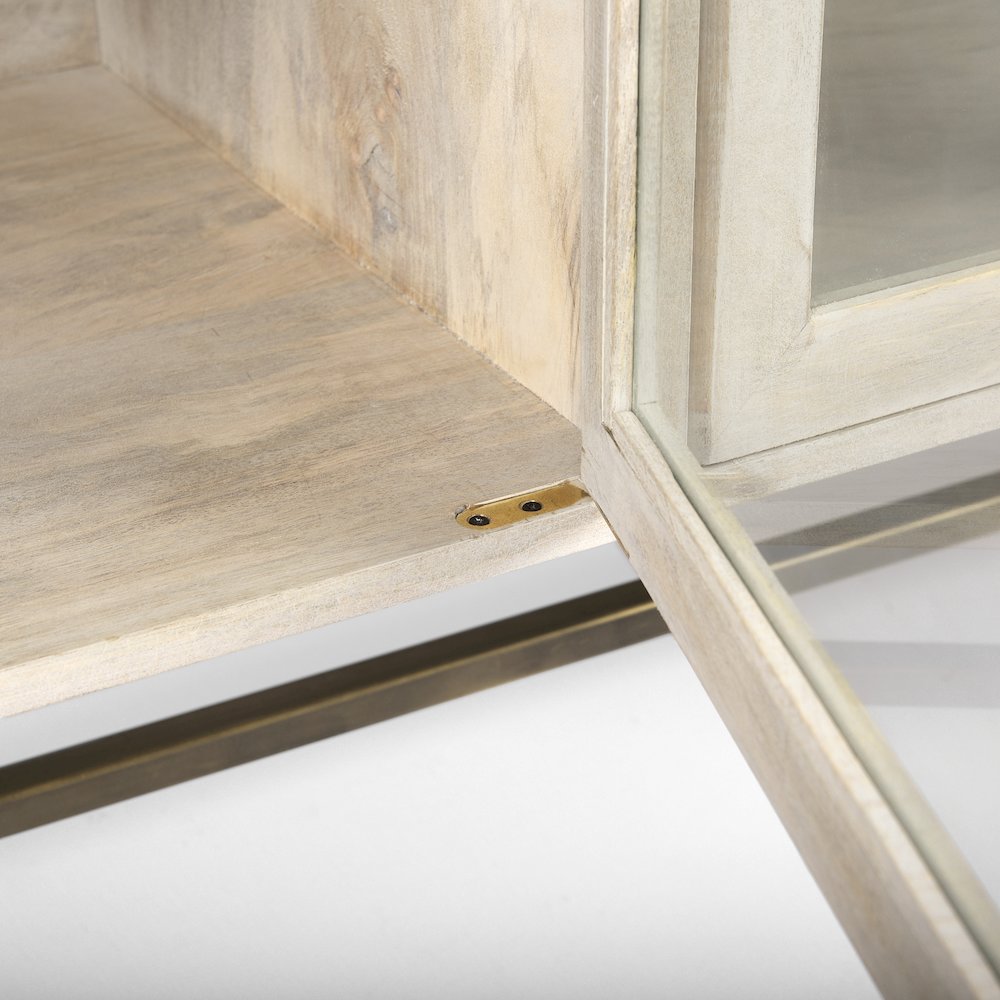 70L X 18W X 32H White Wood Gold Metal Base 4 Door Glass Cabinet Sideboard. Picture 2