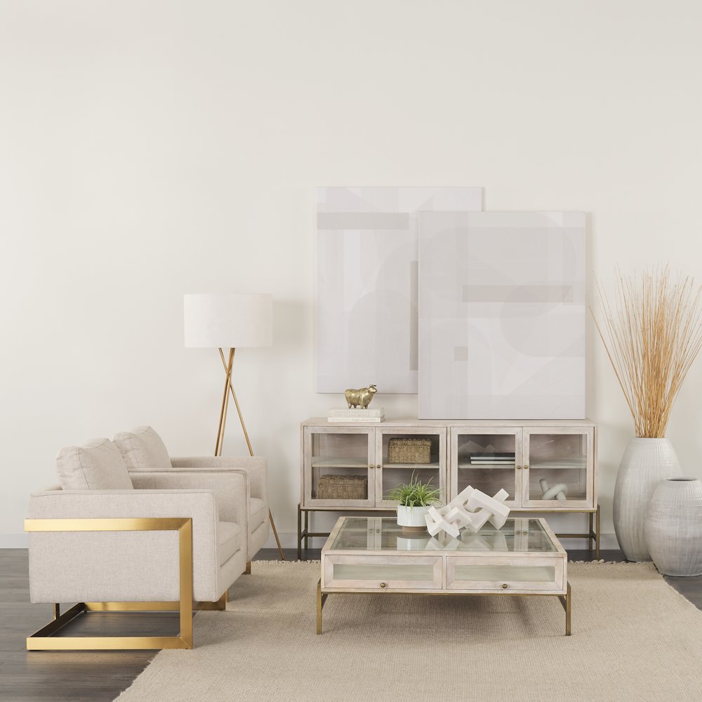 70L X 18W X 32H White Wood Gold Metal Base 4 Door Glass Cabinet Sideboard. Picture 4