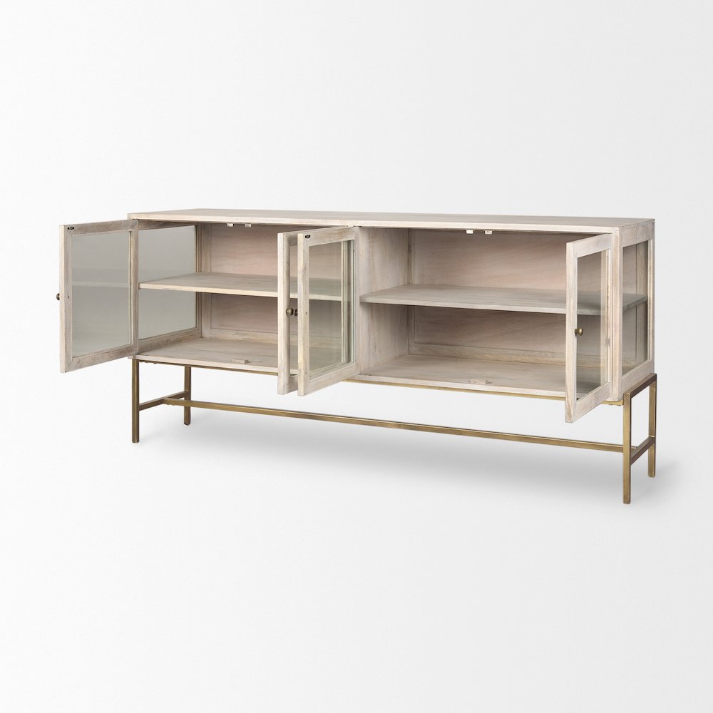 70L X 18W X 32H White Wood Gold Metal Base 4 Door Glass Cabinet Sideboard. Picture 8