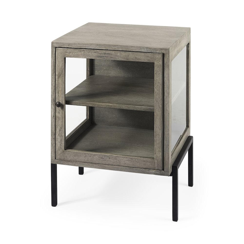 Arelius 20L x 18W x 26H Gray Wood Black Metal Frame End/Side Table. Picture 1