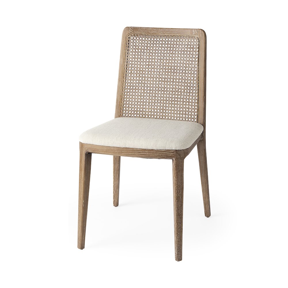 Light Brown Wood Cream Fabric Seat And Cane Back Armless Dining Chair. Picture 1