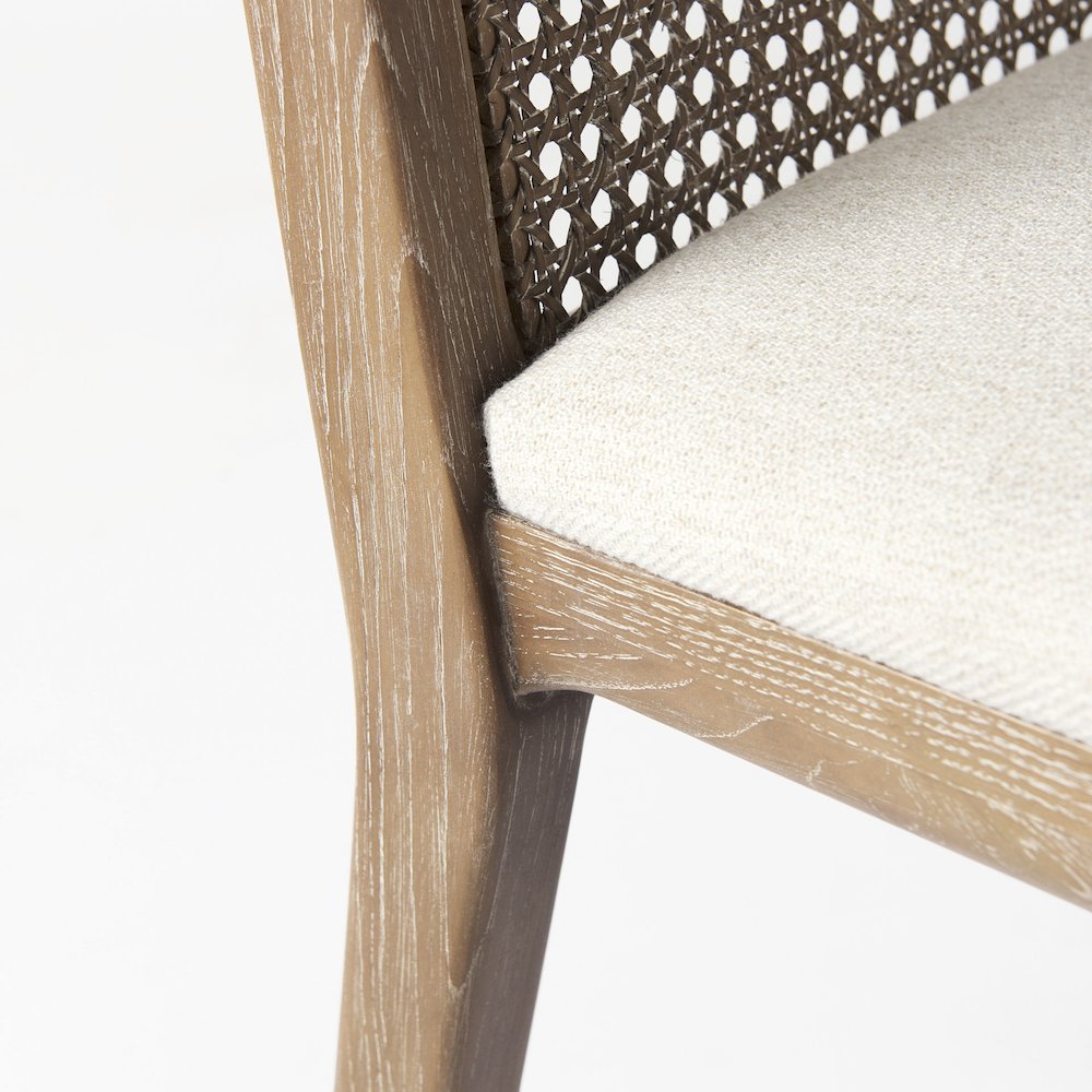 Light Brown Wood Cream Fabric Seat And Cane Back Armless Dining Chair. Picture 2