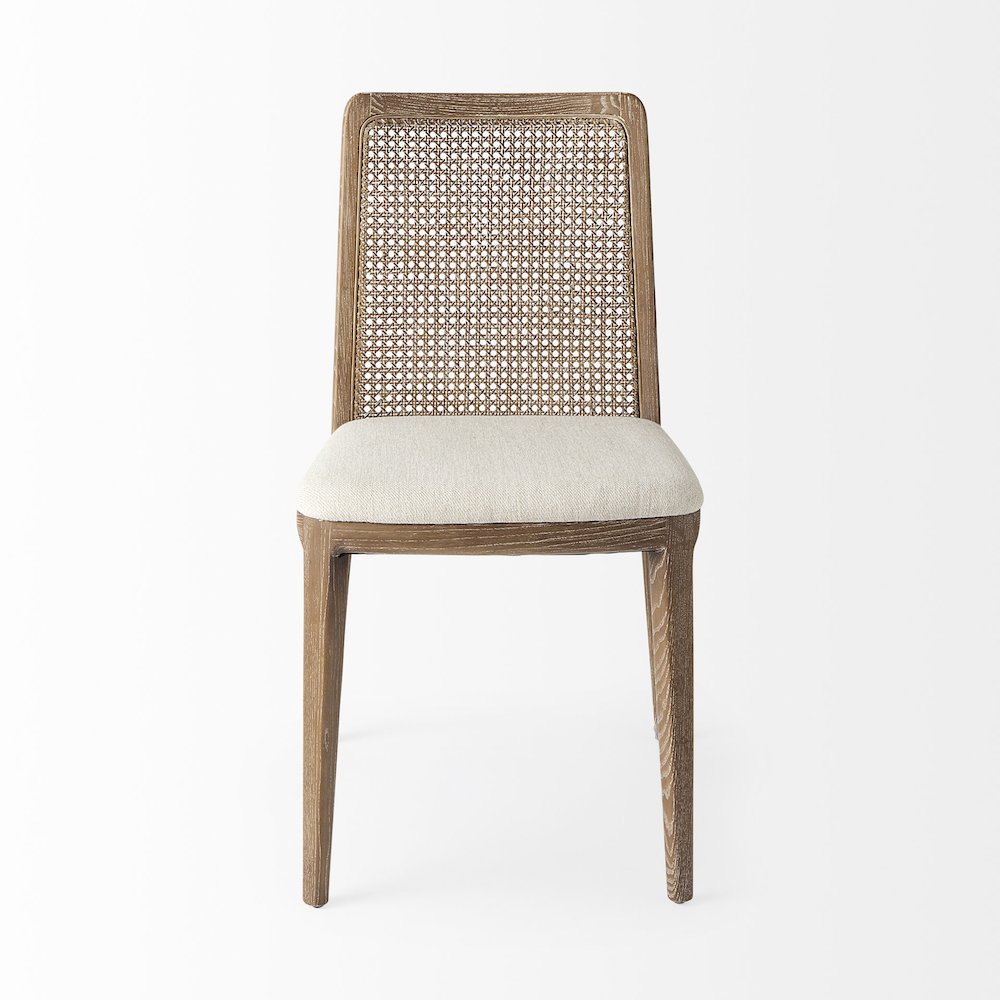 Light Brown Wood Cream Fabric Seat And Cane Back Armless Dining Chair. Picture 7