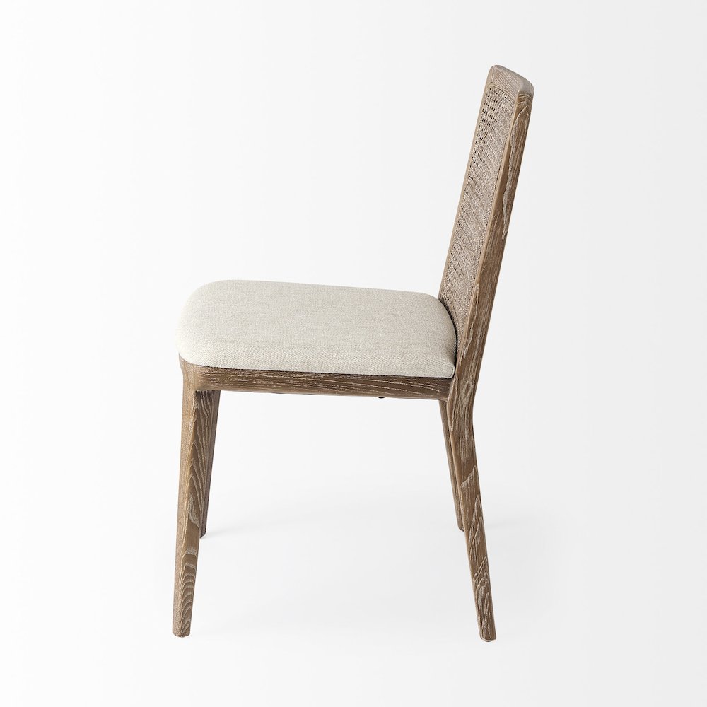 Light Brown Wood Cream Fabric Seat And Cane Back Armless Dining Chair. Picture 8