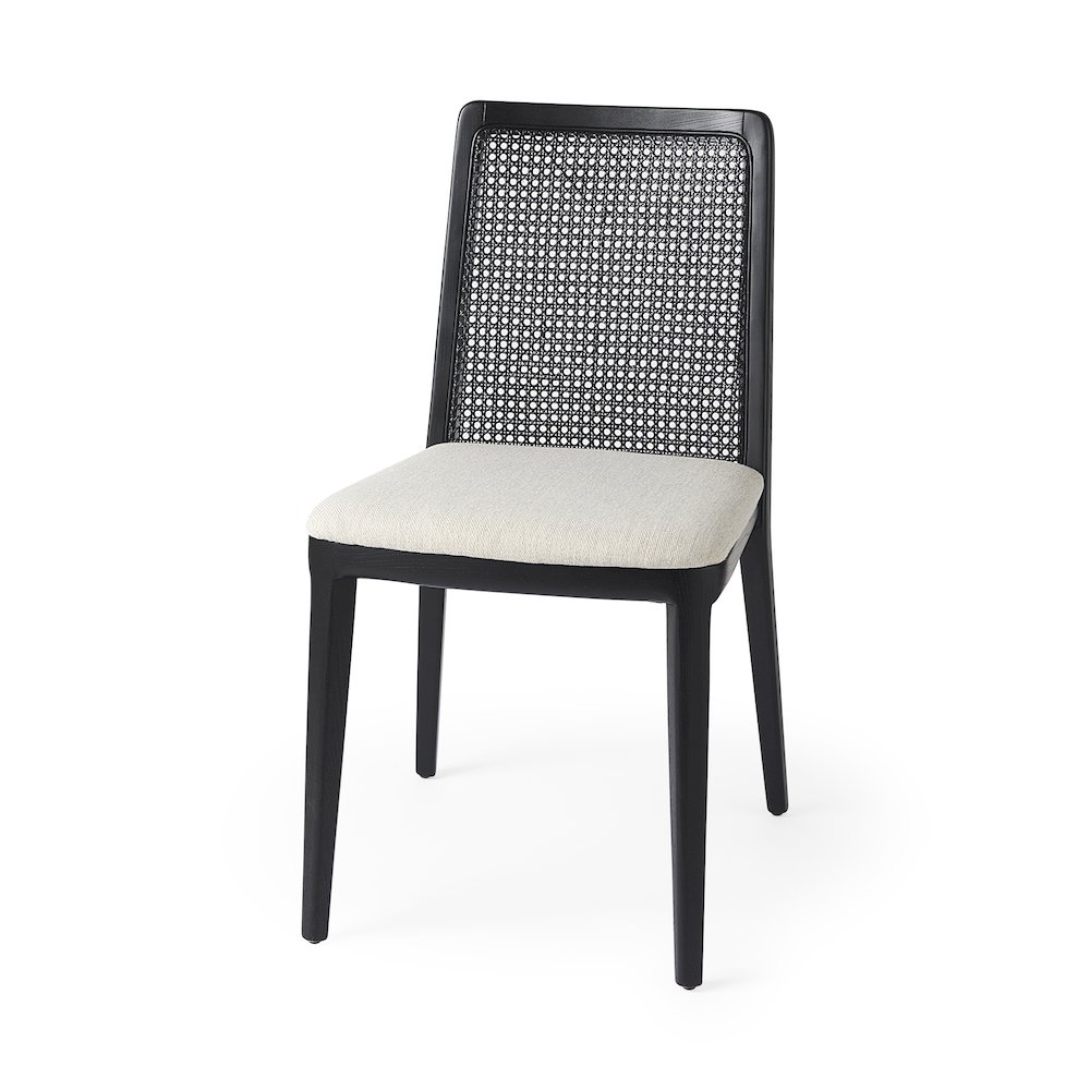 Black Wood Cream Fabric Seat And Cane Back Armless Dining Chair. Picture 1