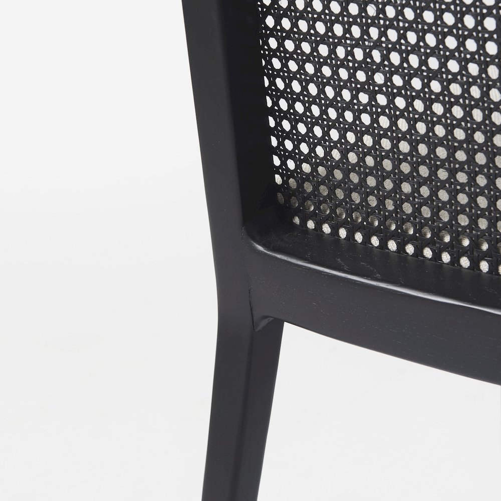 Black Wood Cream Fabric Seat And Cane Back Armless Dining Chair. Picture 3