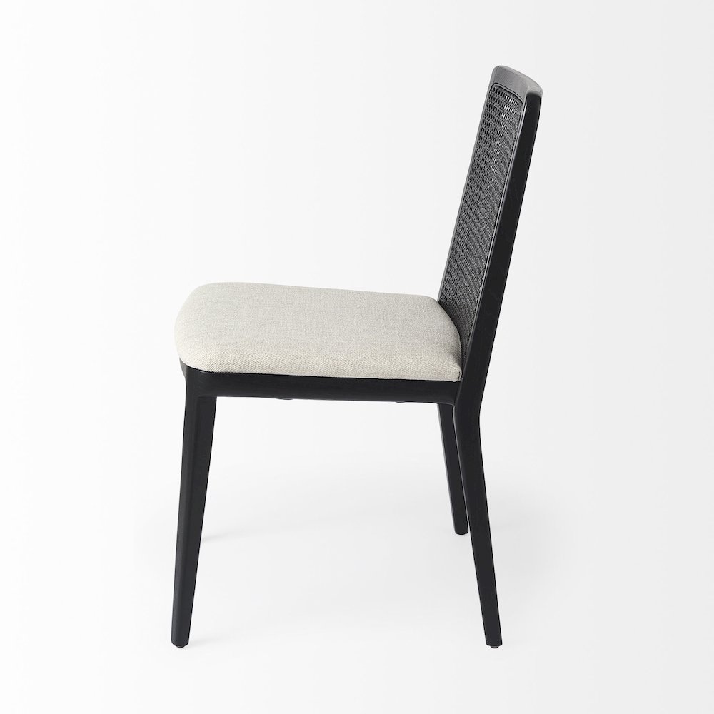 Black Wood Cream Fabric Seat And Cane Back Armless Dining Chair. Picture 8