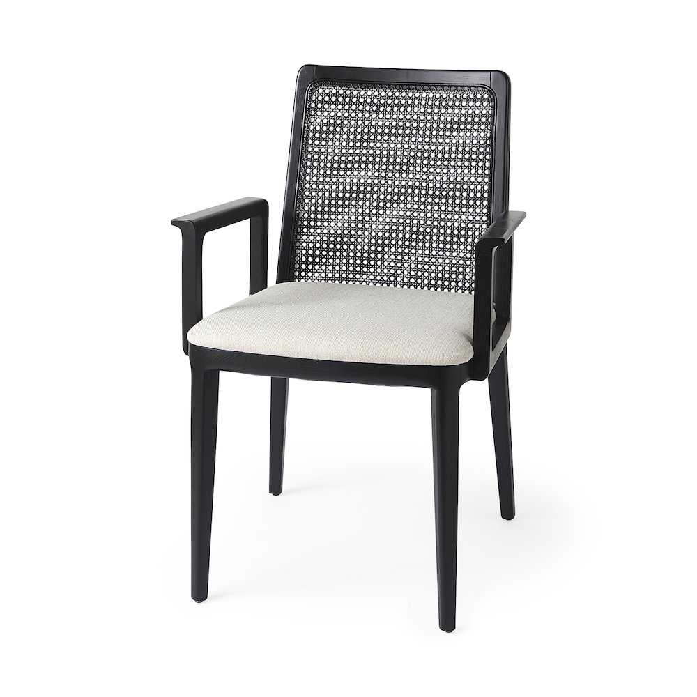 Black Wood Cream Fabric Seat And Cane Back Dining Chair. Picture 1