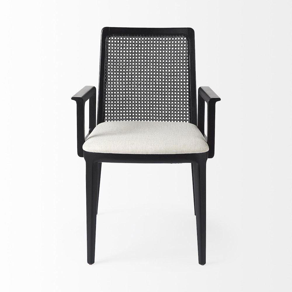 Black Wood Cream Fabric Seat And Cane Back Dining Chair. Picture 5