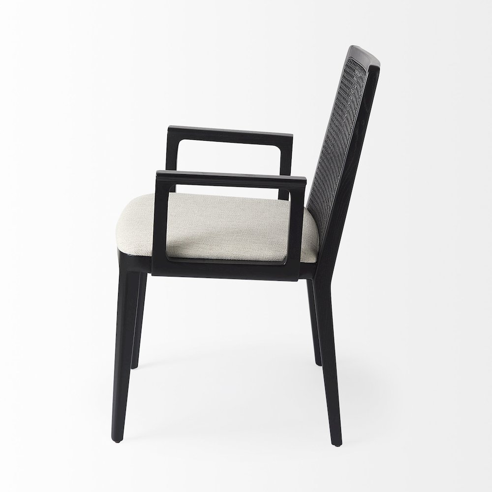 Black Wood Cream Fabric Seat And Cane Back Dining Chair. Picture 6