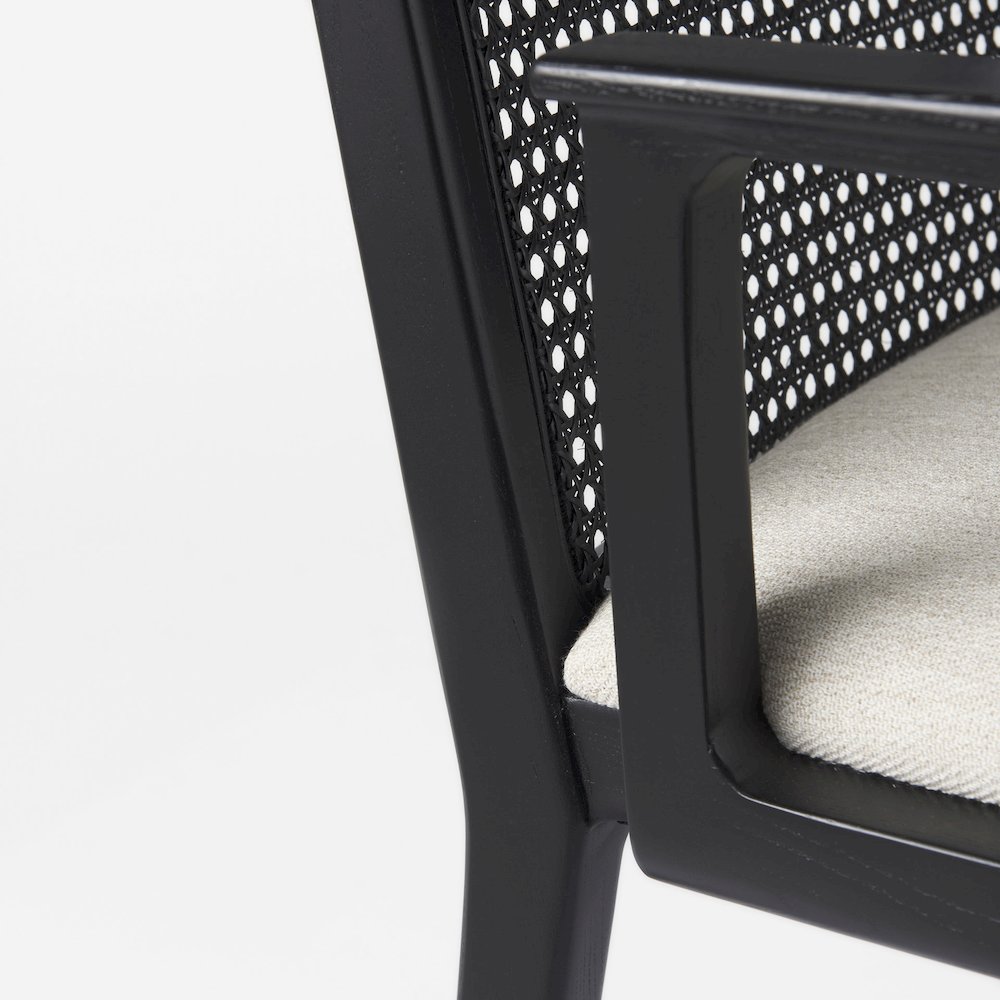 Black Wood Cream Fabric Seat And Cane Back Dining Chair. Picture 10
