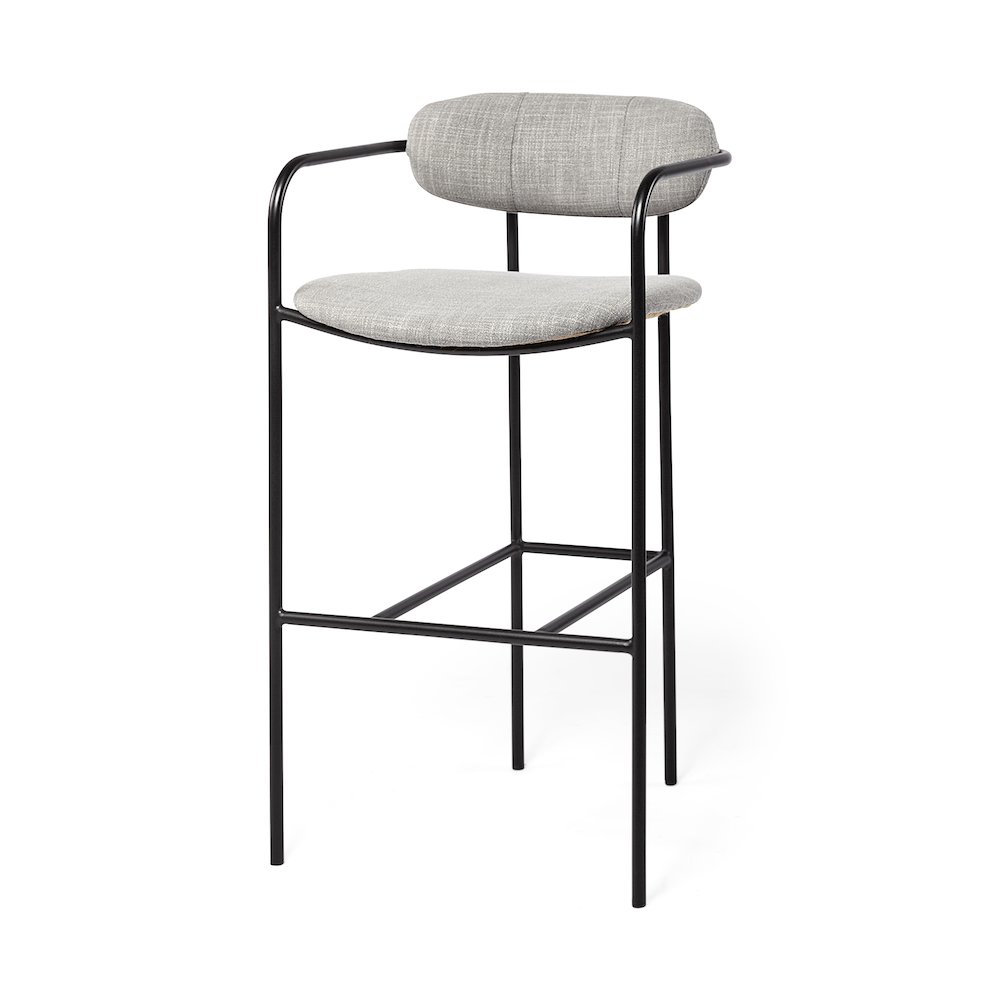 Gray Fabric Seat Black Metal Bar Stool. Picture 1