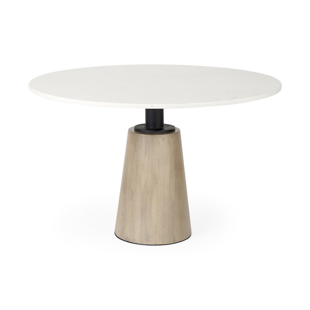 Maxwell White Marble Round Top Black Metal and Wood Pedestal Base Dining Table. Picture 1