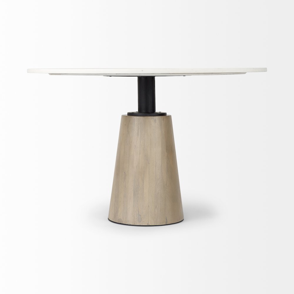 Maxwell White Marble Round Top Black Metal and Wood Pedestal Base Dining Table. Picture 6
