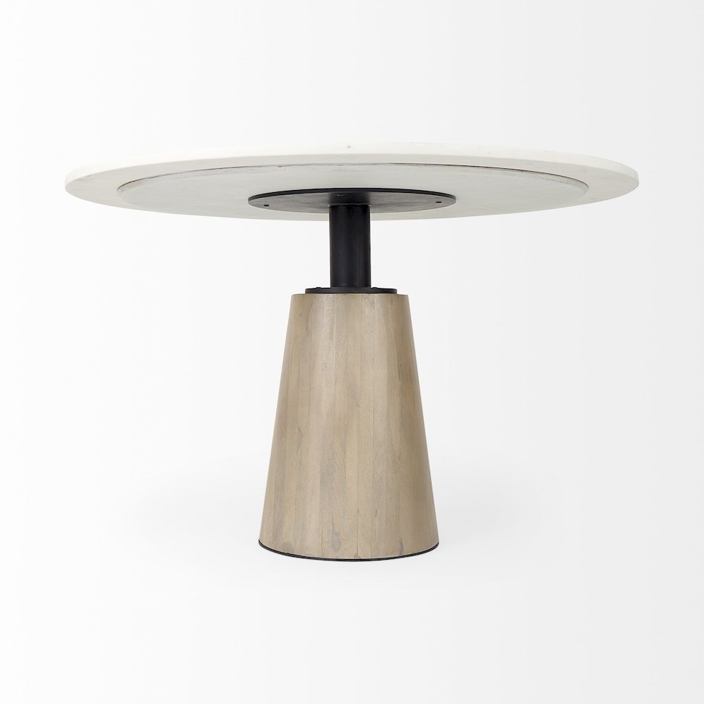 Maxwell White Marble Round Top Black Metal and Wood Pedestal Base Dining Table. Picture 7