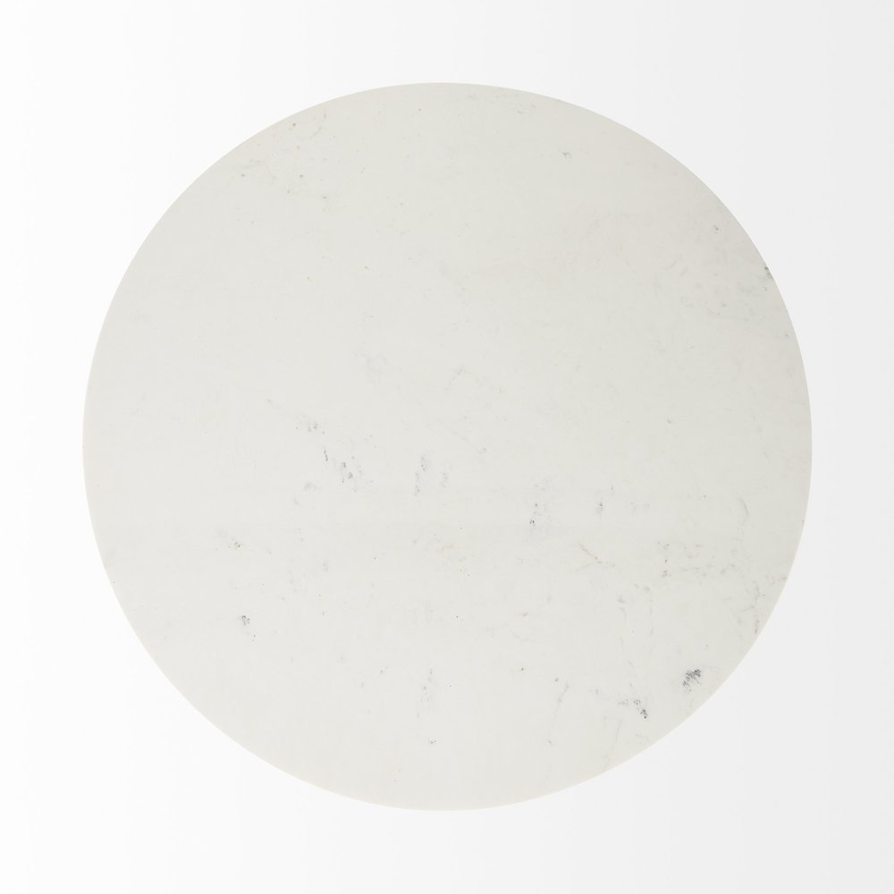 Maxwell White Marble Round Top Black Metal and Wood Pedestal Base Dining Table. Picture 8