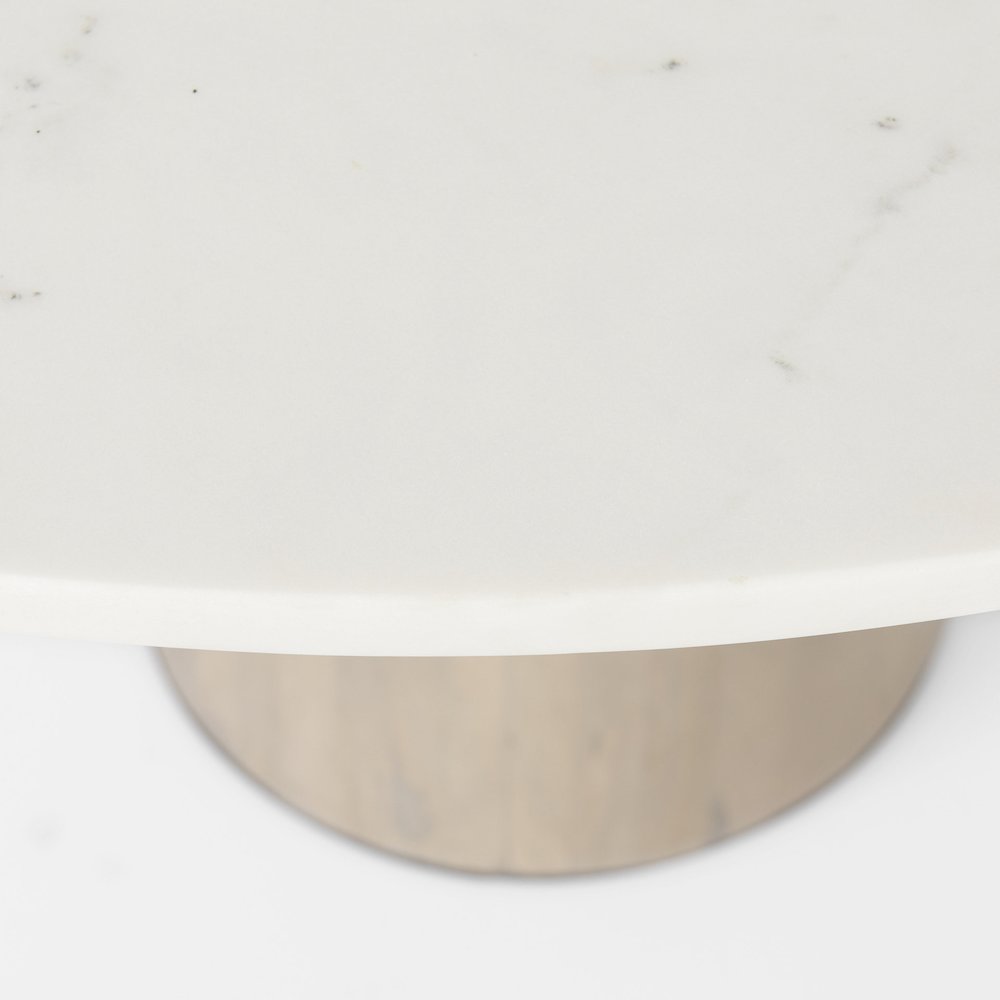 Maxwell White Marble Round Top Black Metal and Wood Pedestal Base Dining Table. Picture 9